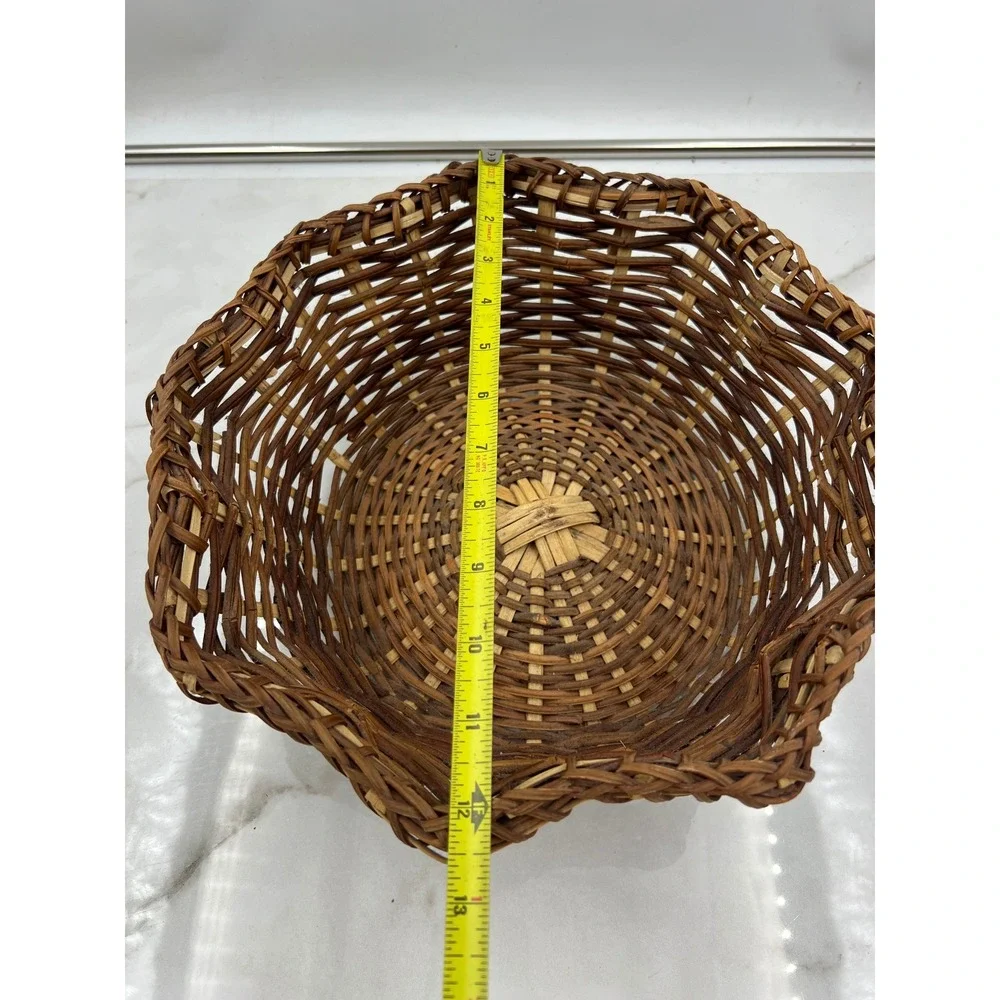 Vintage Scalloped Wicker Basket Handwoven Two Tone Brown Round Decorative Bowl